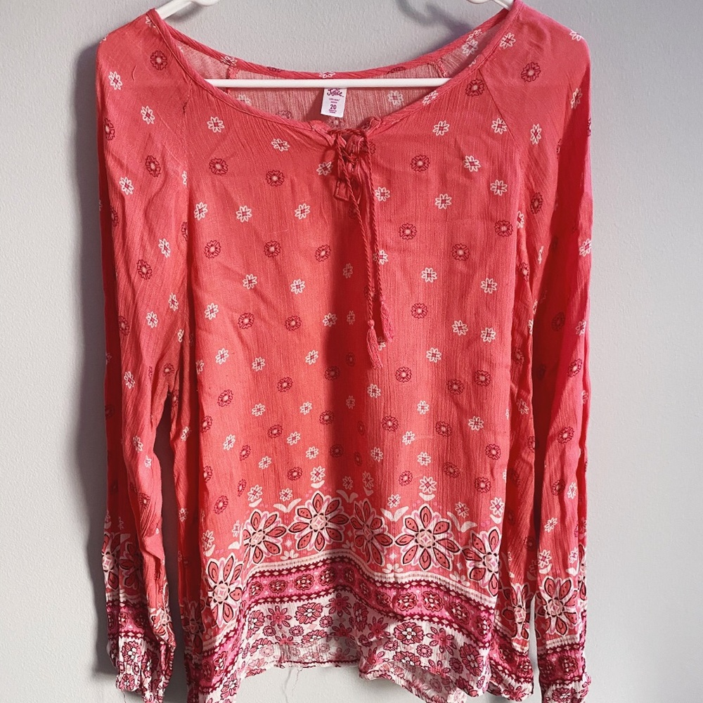 Coral Peasant Top with Flower Detailing
